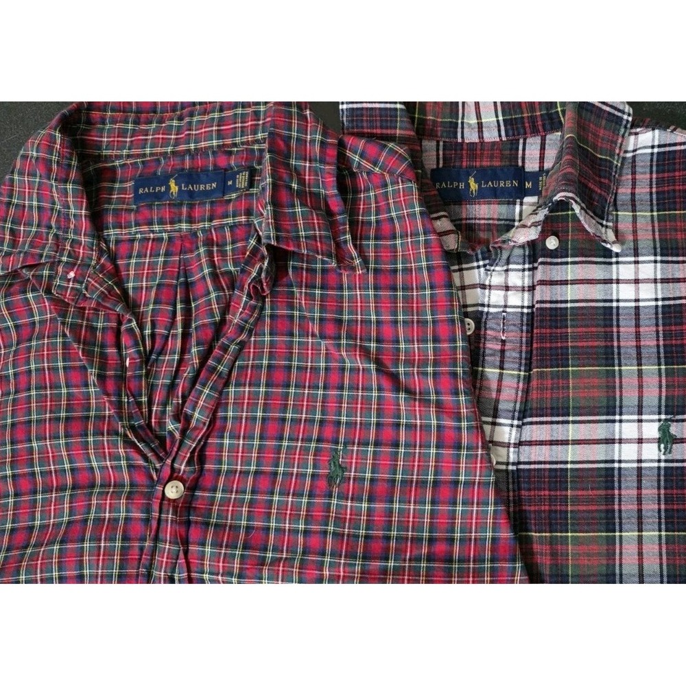2 Polo Ralph Lauren Men Red Check Plaid Pony Casual Shirt Long Sleeve Button EUC